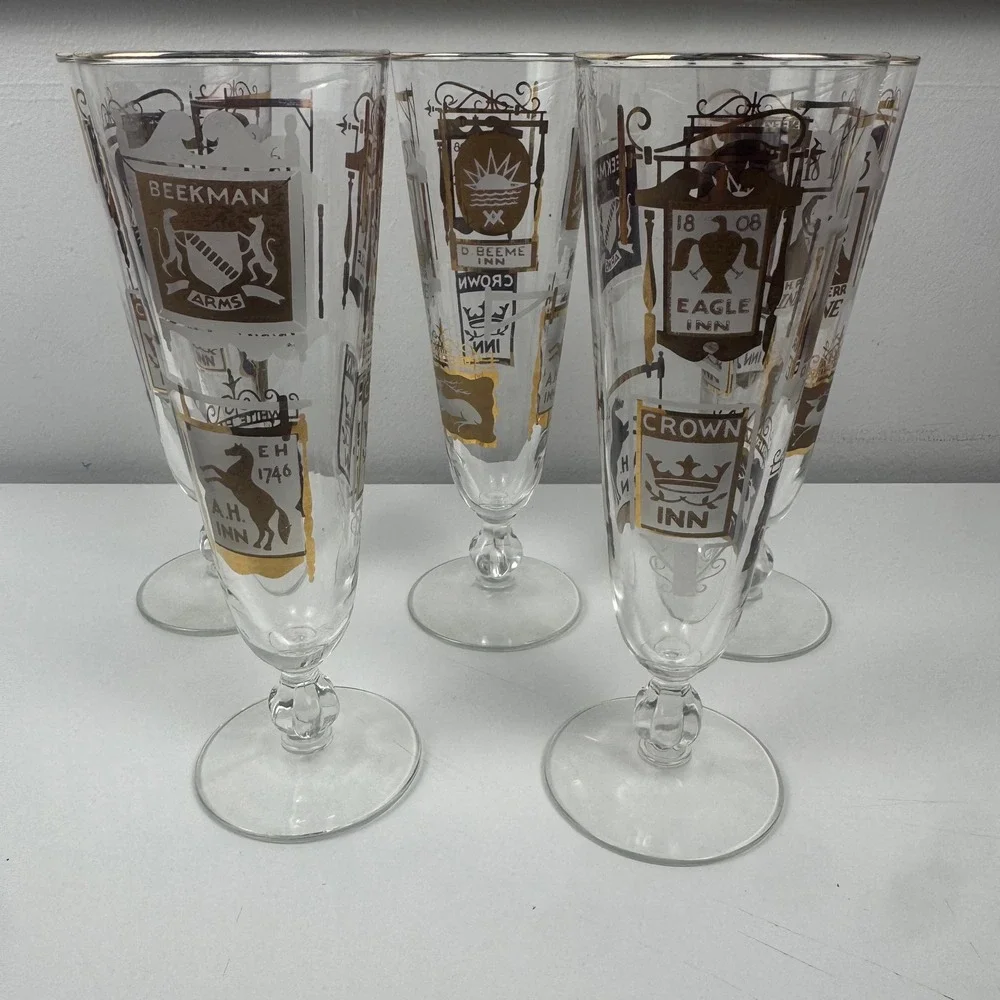 Vtg 1960s Libbey Heraldic Pub Pilsner Glasses Set 5 MCM Footed Colonial Tavern